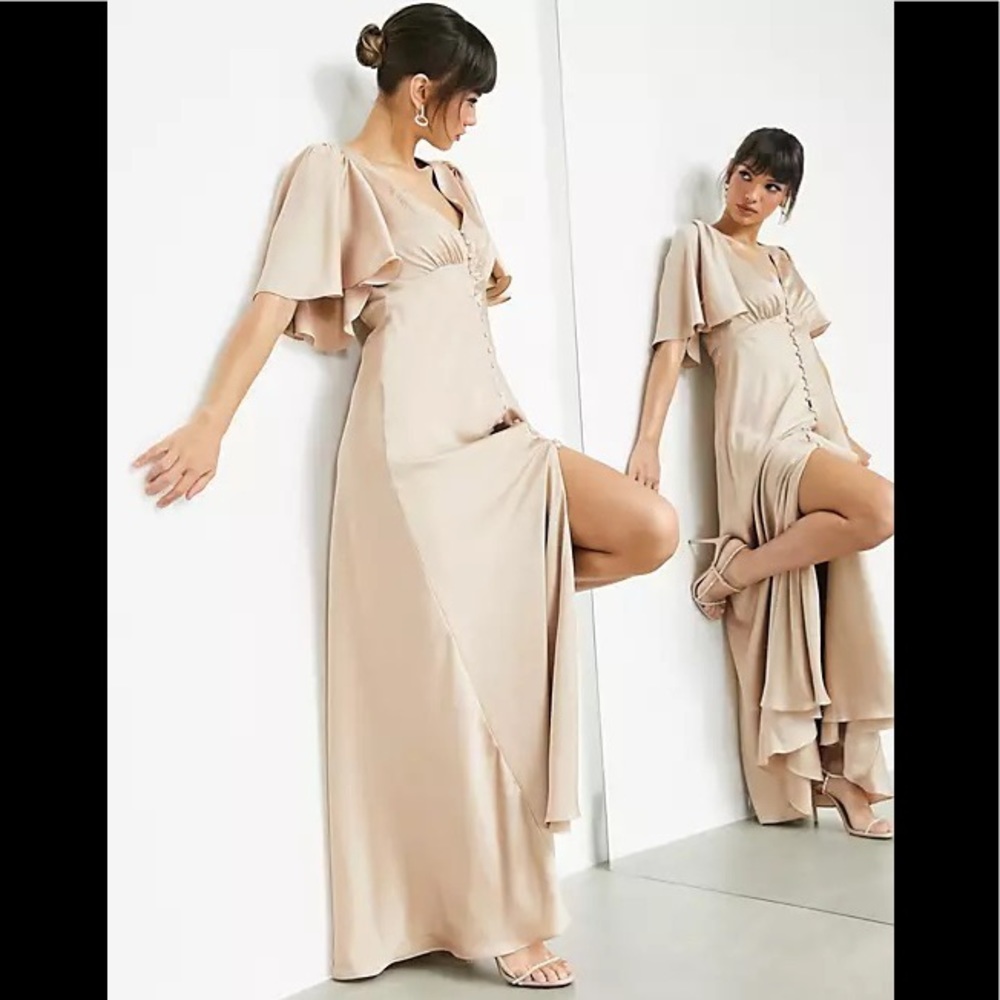 ASOS EDITION satin flutter sleeve maxi dress with button front in caramel